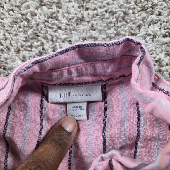 J.Jill Tiered Dress Womens 1X Pink Love Linen Striped Button Up Mark* - Picture 2 of 7
